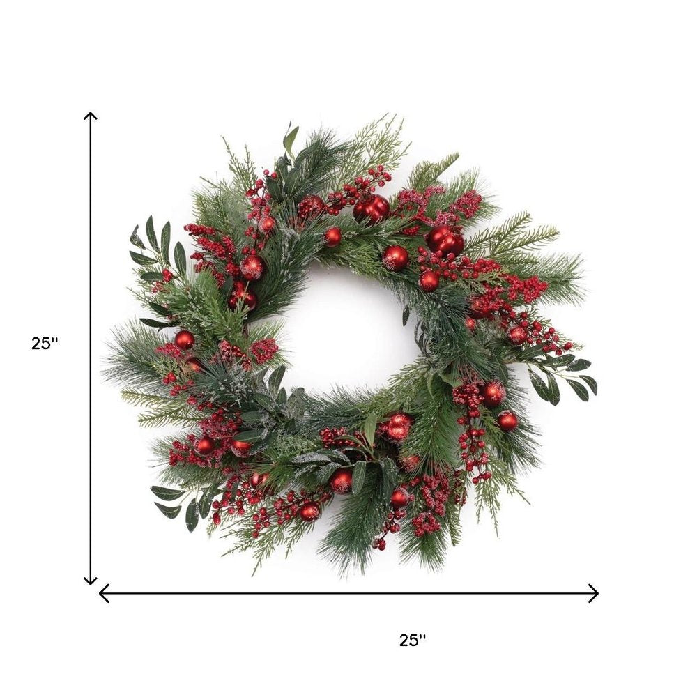 25" Green And Red Artificial Pine Berries And Ornaments Christmas Wreath HomeRoots