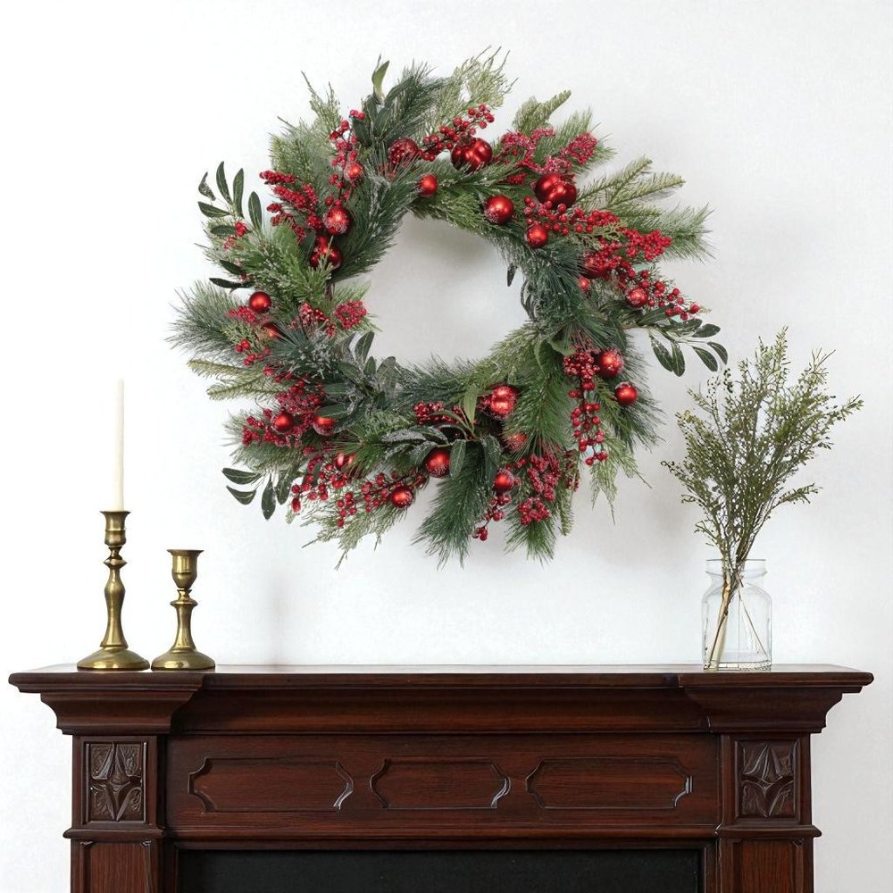 25" Green And Red Artificial Pine Berries And Ornaments Christmas Wreath HomeRoots