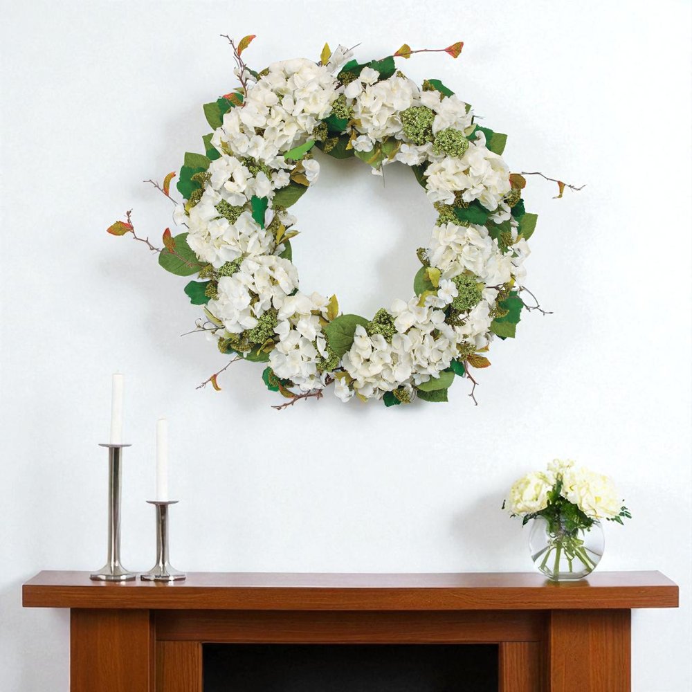 36" White And Green Hydrangea Artificial Wreath HomeRoots
