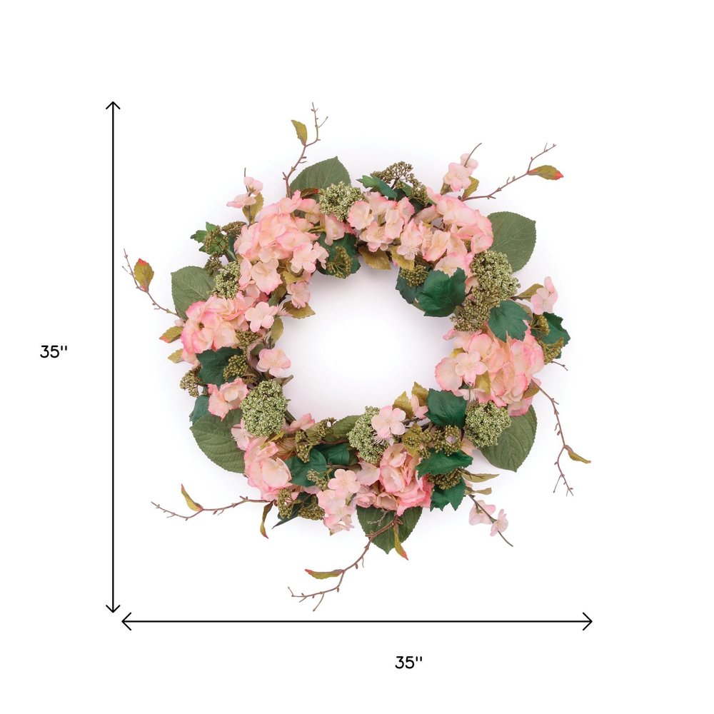 35" Pink And Green Hydrangea Artificial Wreath HomeRoots
