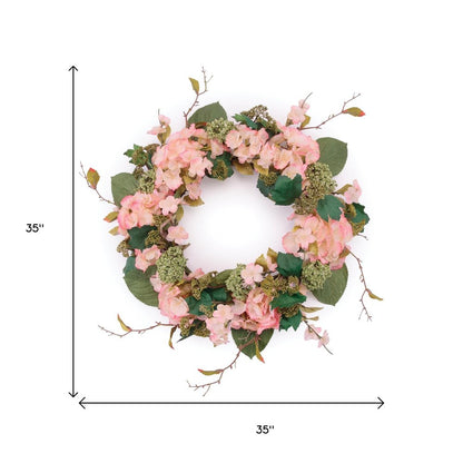 35" Pink And Green Hydrangea Artificial Wreath HomeRoots