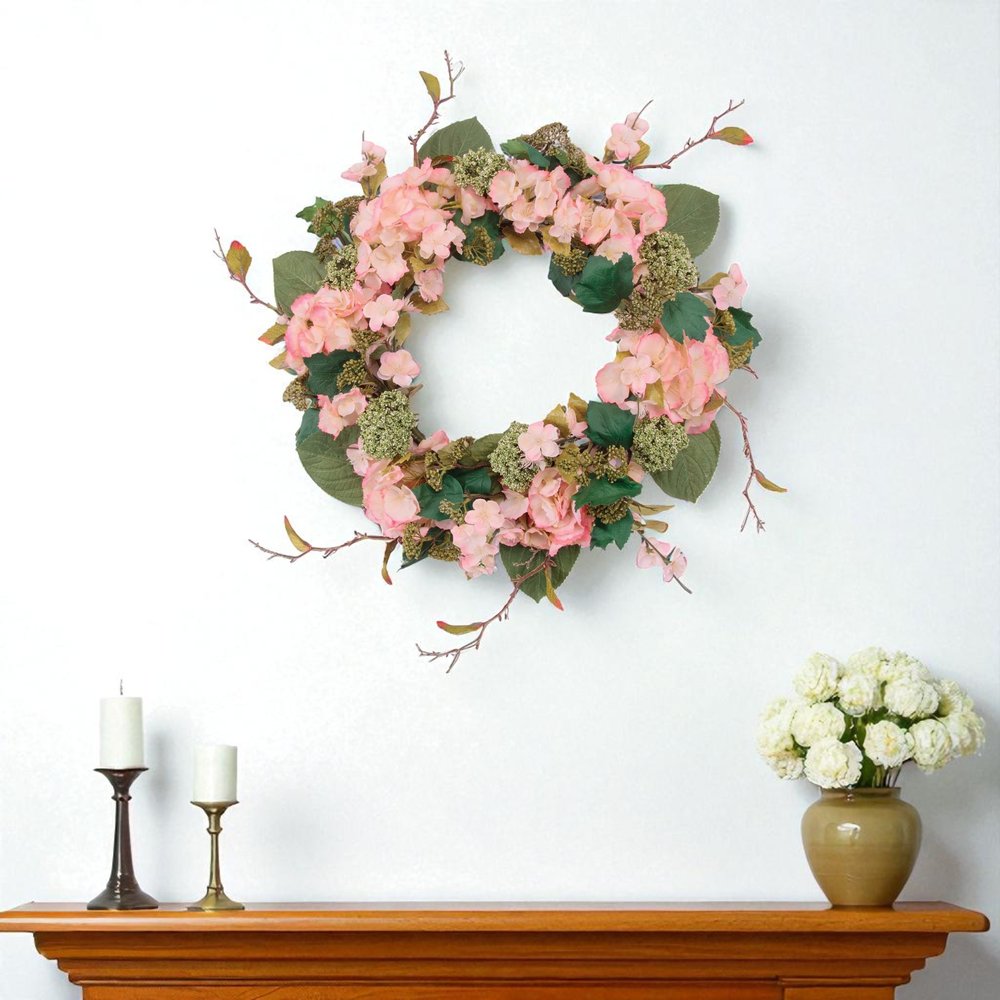35" Pink And Green Hydrangea Artificial Wreath HomeRoots