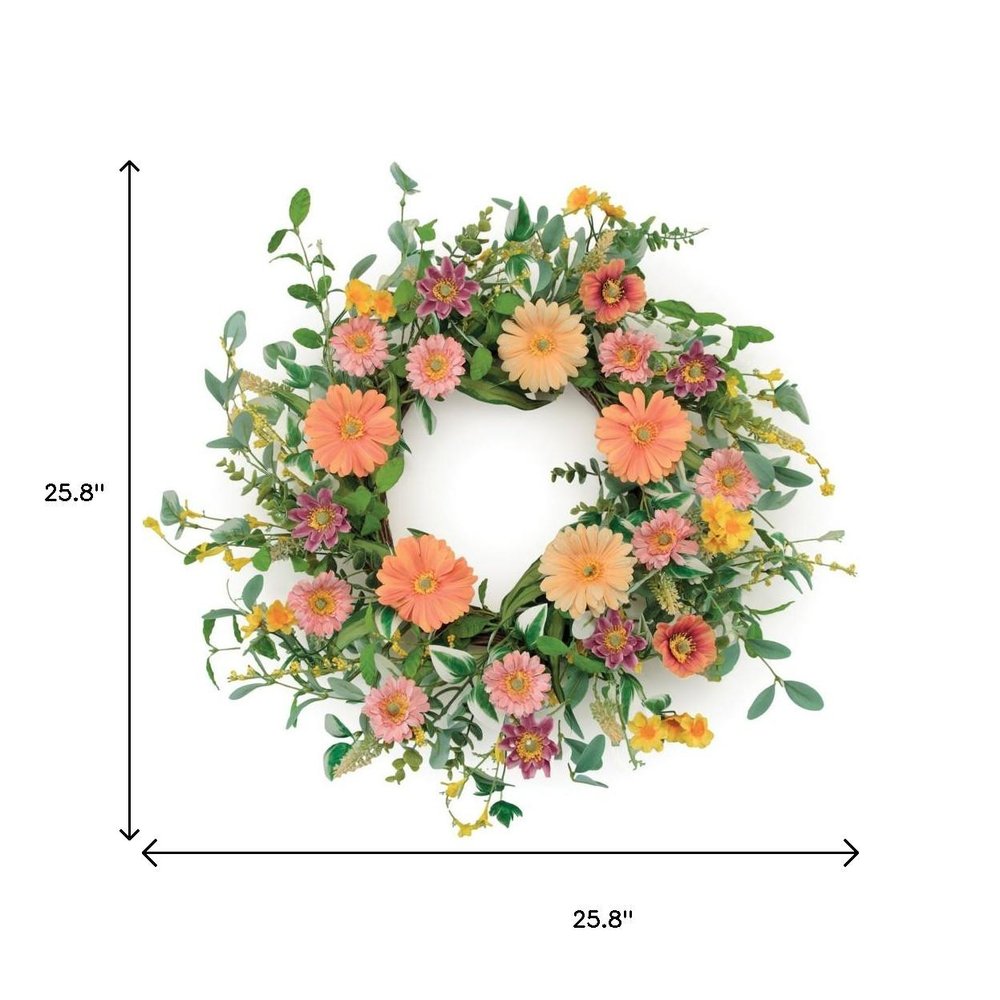26" Green Orange And Pink Daisy Artificial Wreath HomeRoots