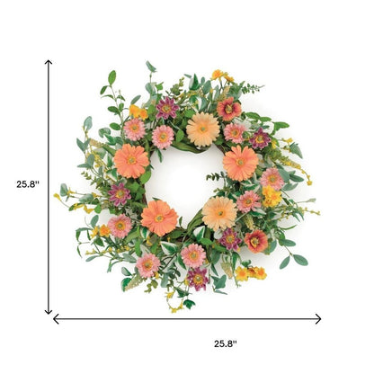 26" Green Orange And Pink Daisy Artificial Wreath HomeRoots