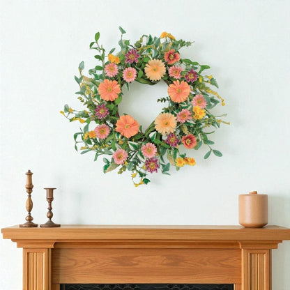 26" Green Orange And Pink Daisy Artificial Wreath HomeRoots