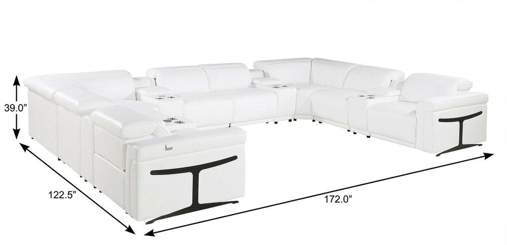 White Italian Leather Power Reclining U Shaped Twelve Piece Sectional With Console HomeRoots