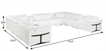 White Italian Leather Power Reclining U Shaped Twelve Piece Sectional With Console - FurniFindUSA