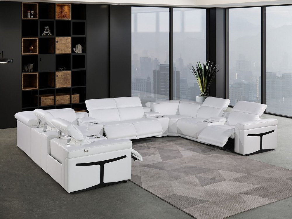 White Italian Leather Power Reclining U Shaped Twelve Piece Sectional With Console - FurniFindUSA