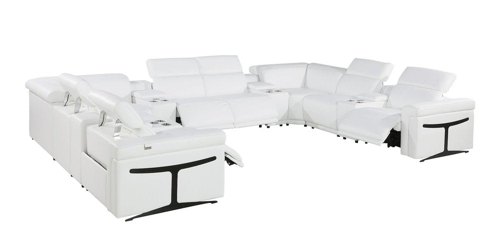 White Italian Leather Power Reclining U Shaped Twelve Piece Sectional With Console HomeRoots