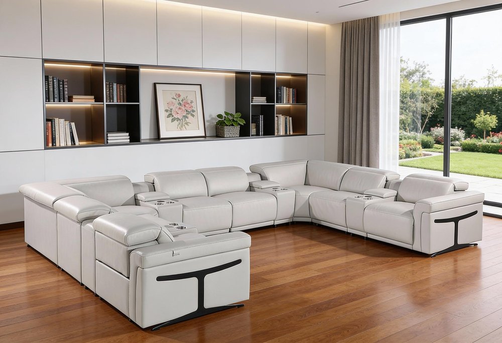 Light Gray Italian Leather Power Reclining U Shaped Twelve Piece Sectional With Console HomeRoots