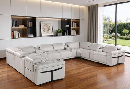 Light Gray Italian Leather Power Reclining U Shaped Twelve Piece Sectional With Console HomeRoots