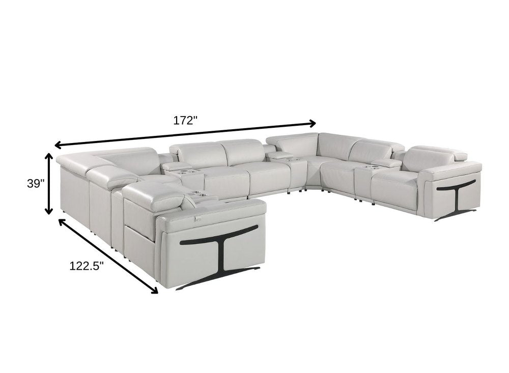 Light Gray Italian Leather Power Reclining U Shaped Twelve Piece Sectional With Console HomeRoots