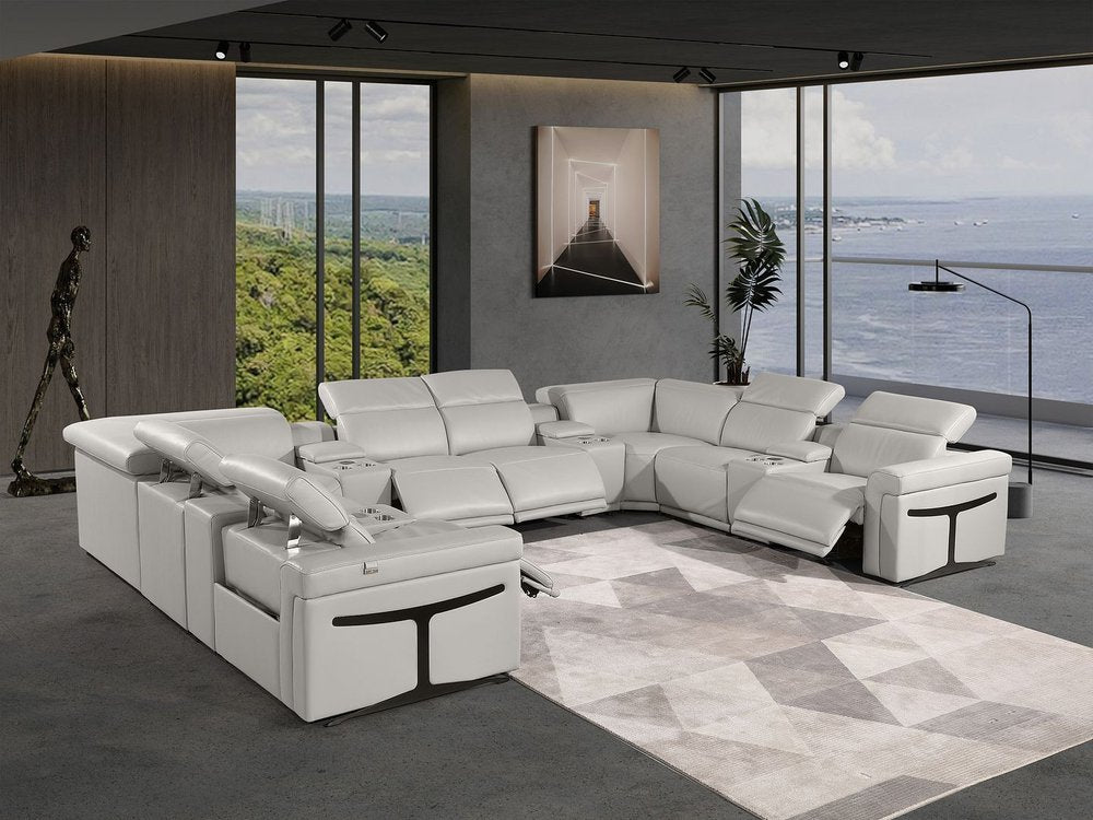 Light Gray Italian Leather Power Reclining U Shaped Twelve Piece Sectional With Console - FurniFindUSA