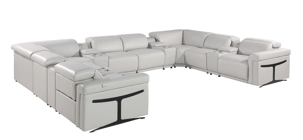 Light Gray Italian Leather Power Reclining U Shaped Twelve Piece Sectional With Console HomeRoots