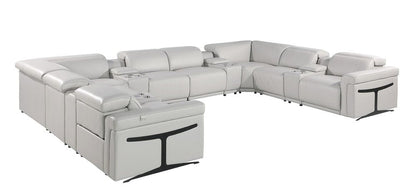 Light Gray Italian Leather Power Reclining U Shaped Twelve Piece Sectional With Console HomeRoots