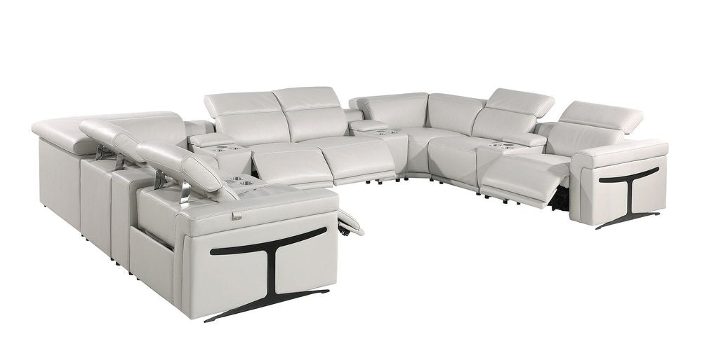Light Gray Italian Leather Power Reclining U Shaped Twelve Piece Sectional With Console HomeRoots