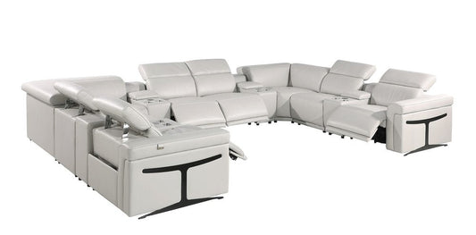 Light Gray Italian Leather Power Reclining U Shaped Twelve Piece Sectional With Console HomeRoots