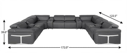Dark Gray Italian Leather Power Reclining U Shaped Twelve Piece Sectional With Console - FurniFindUSA