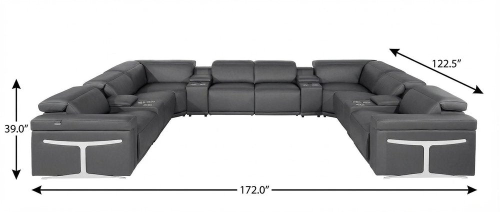 Dark Gray Italian Leather Power Reclining U Shaped Twelve Piece Sectional With Console HomeRoots