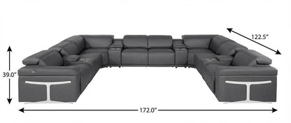 Dark Gray Italian Leather Power Reclining U Shaped Twelve Piece Sectional With Console HomeRoots