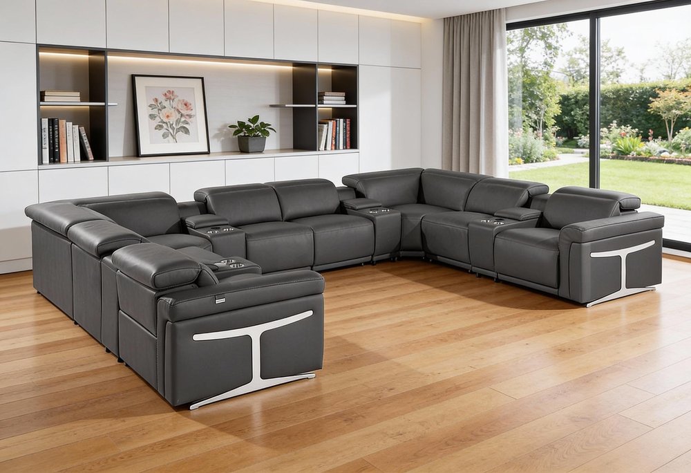 Dark Gray Italian Leather Power Reclining U Shaped Twelve Piece Sectional With Console HomeRoots