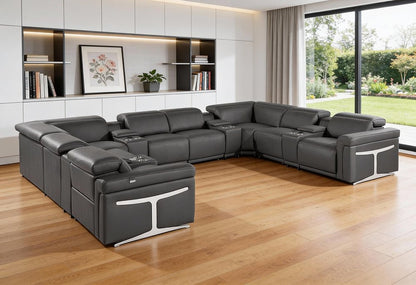 Dark Gray Italian Leather Power Reclining U Shaped Twelve Piece Sectional With Console HomeRoots