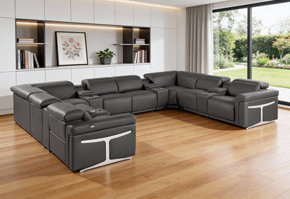 Dark Gray Italian Leather Power Reclining U Shaped Twelve Piece Sectional With Console - FurniFindUSA