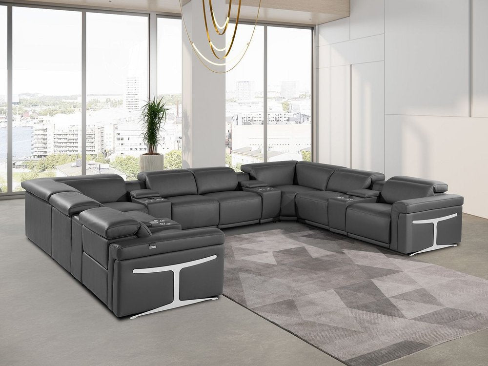Dark Gray Italian Leather Power Reclining U Shaped Twelve Piece Sectional With Console - FurniFindUSA