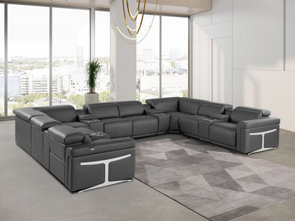 Dark Gray Italian Leather Power Reclining U Shaped Twelve Piece Sectional With Console - FurniFindUSA
