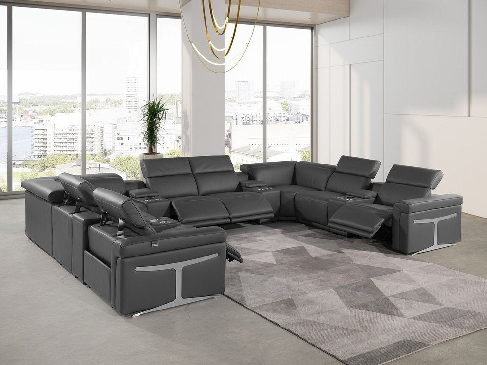 Dark Gray Italian Leather Power Reclining U Shaped Twelve Piece Sectional With Console - FurniFindUSA