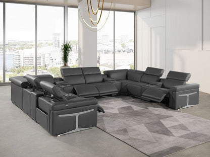Dark Gray Italian Leather Power Reclining U Shaped Twelve Piece Sectional With Console - FurniFindUSA