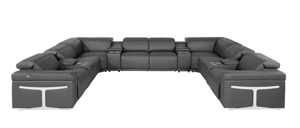 Dark Gray Italian Leather Power Reclining U Shaped Twelve Piece Sectional With Console HomeRoots