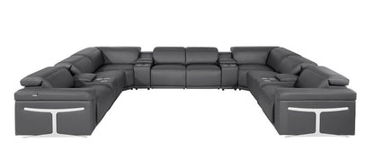 Dark Gray Italian Leather Power Reclining U Shaped Twelve Piece Sectional With Console - FurniFindUSA