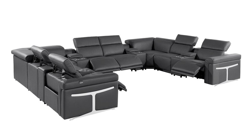 Dark Gray Italian Leather Power Reclining U Shaped Twelve Piece Sectional With Console HomeRoots