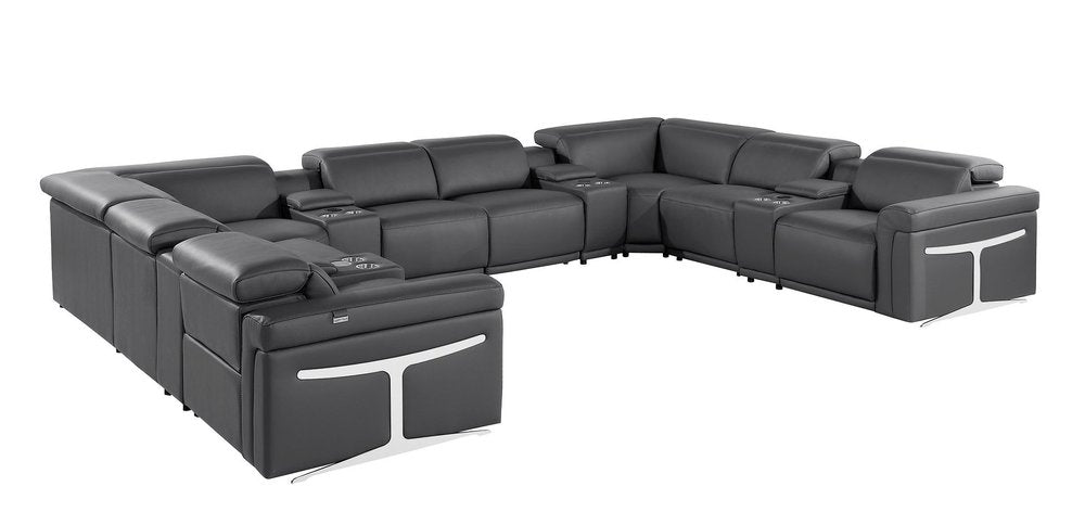Dark Gray Italian Leather Power Reclining U Shaped Twelve Piece Sectional With Console HomeRoots