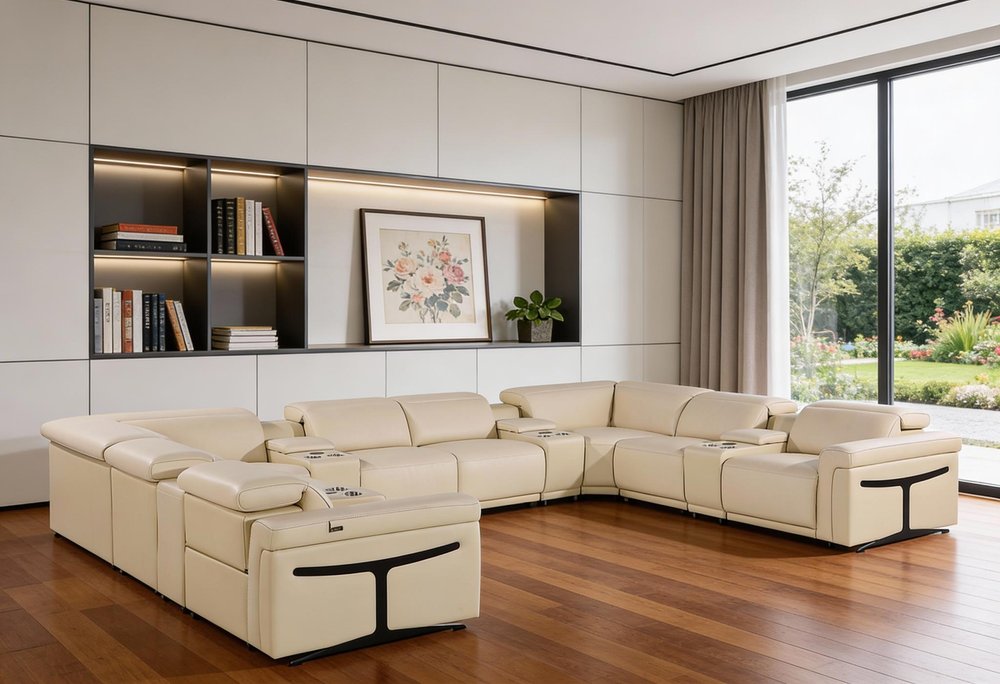 Beige Italian Leather Power Reclining U Shaped Twelve Piece Sectional With Console HomeRoots
