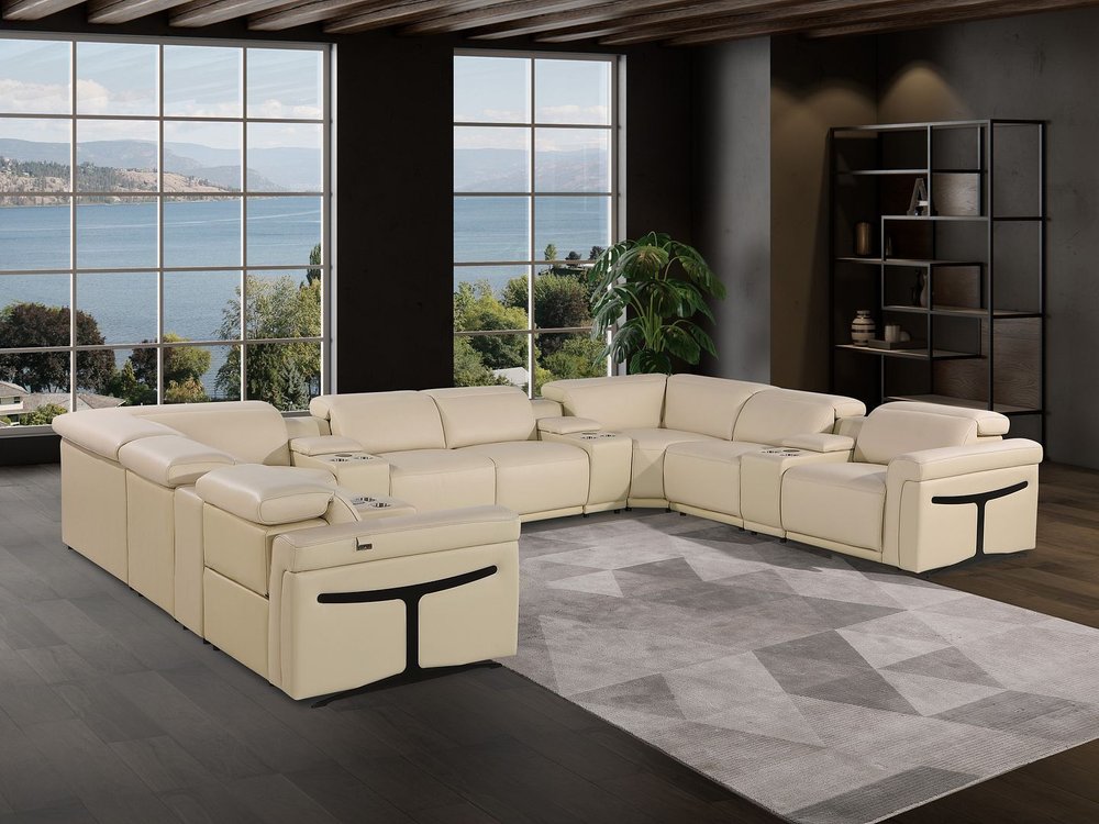 Beige Italian Leather Power Reclining U Shaped Twelve Piece Sectional With Console - FurniFindUSA