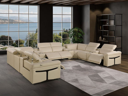 Beige Italian Leather Power Reclining U Shaped Twelve Piece Sectional With Console - FurniFindUSA