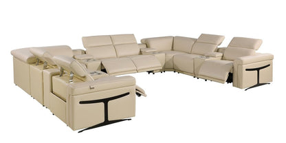 Beige Italian Leather Power Reclining U Shaped Twelve Piece Sectional With Console HomeRoots
