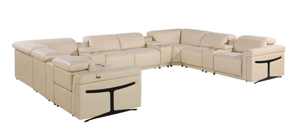 Beige Italian Leather Power Reclining U Shaped Twelve Piece Sectional With Console HomeRoots