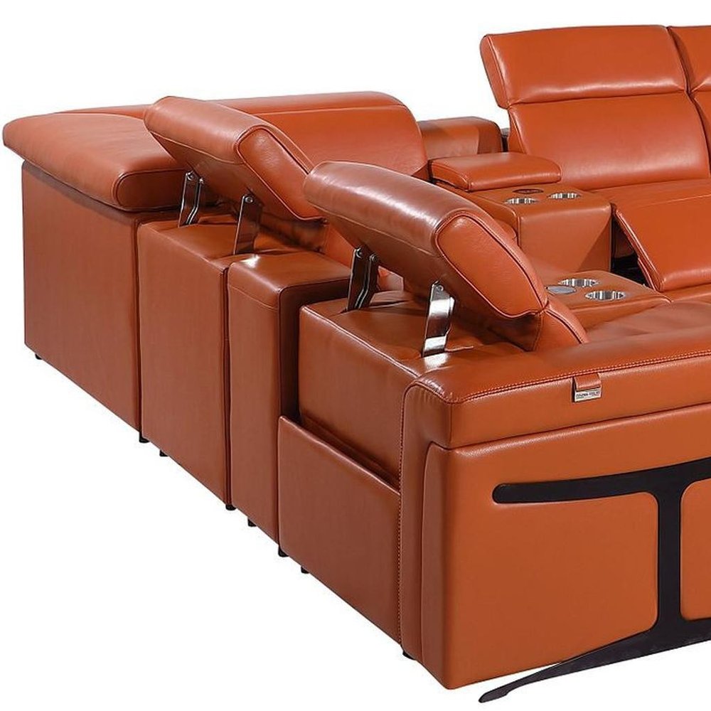 Camel Italian Leather Power Reclining U Shaped Twelve Piece Sectional With Console HomeRoots