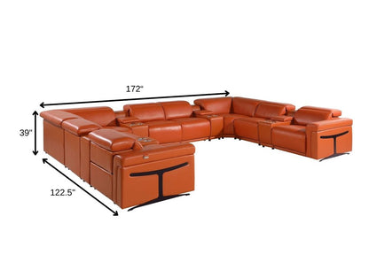 Camel Italian Leather Power Reclining U Shaped Twelve Piece Sectional With Console HomeRoots