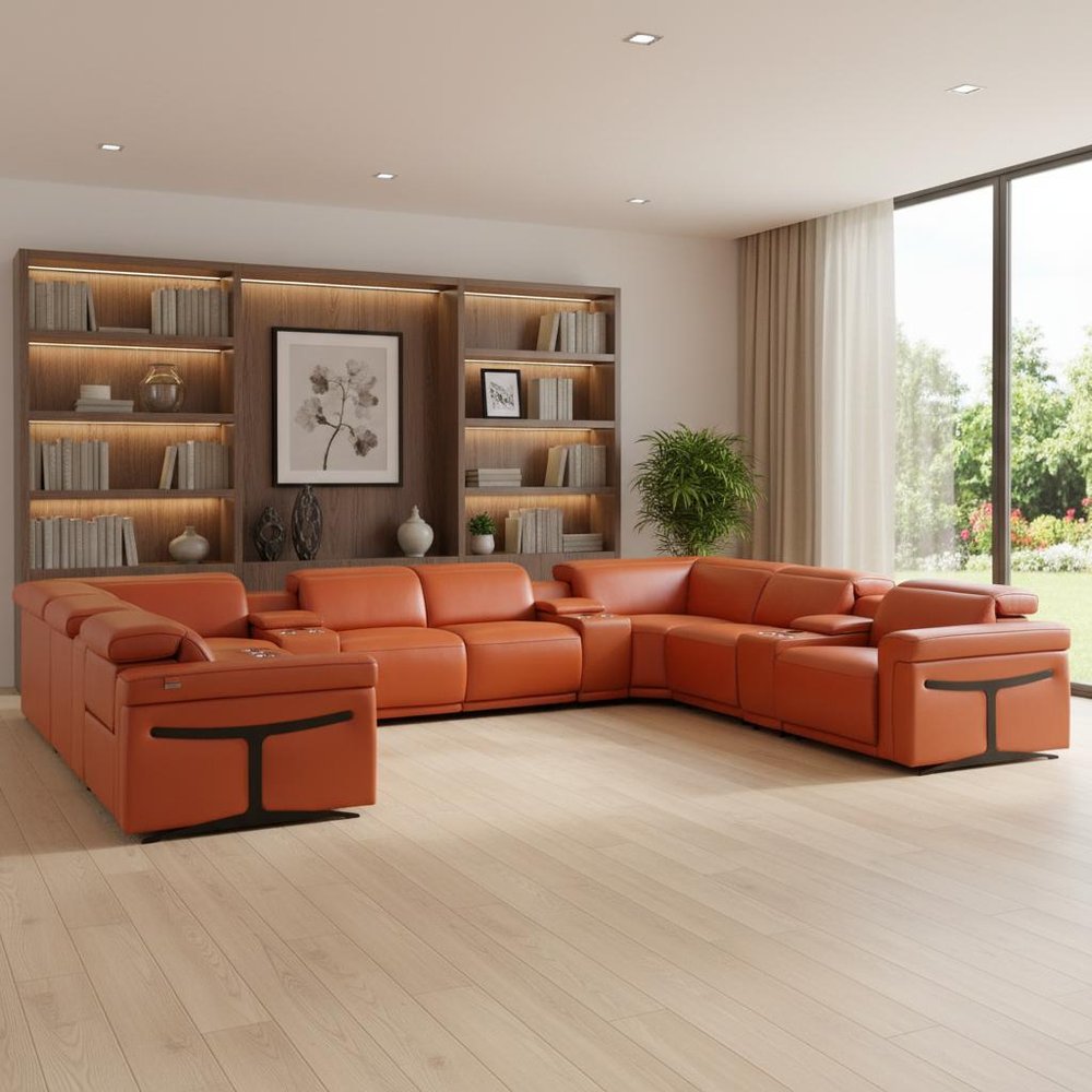 Camel Italian Leather Power Reclining U Shaped Twelve Piece Sectional With Console HomeRoots