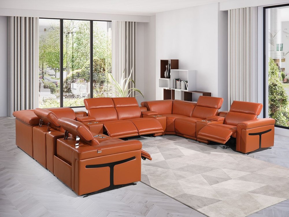 Camel Italian Leather Power Reclining U Shaped Twelve Piece Sectional With Console HomeRoots