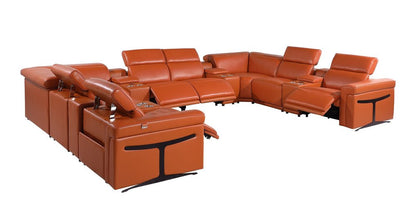 Camel Italian Leather Power Reclining U Shaped Twelve Piece Sectional With Console HomeRoots
