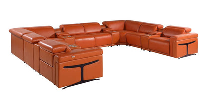 Camel Italian Leather Power Reclining U Shaped Twelve Piece Sectional With Console HomeRoots