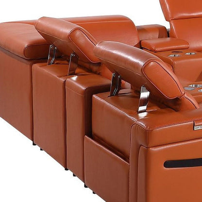 Camel Italian Leather Power Reclining U Shaped Twelve Piece Sectional With Console HomeRoots