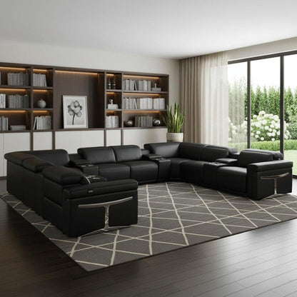 Black Italian Leather Power Reclining U Shaped Twelve Piece Sectional With Console HomeRoots