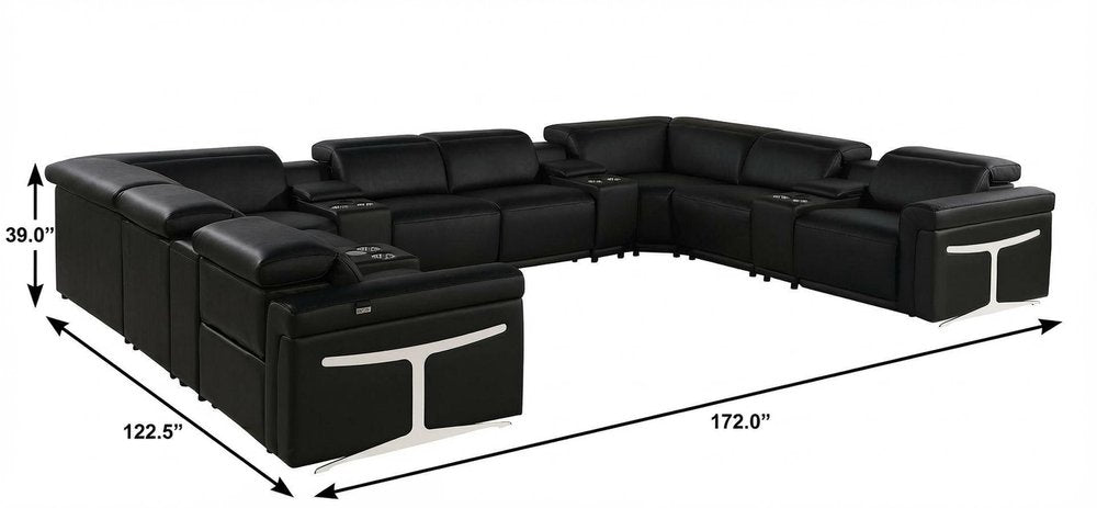 Black Italian Leather Power Reclining U Shaped Twelve Piece Sectional With Console HomeRoots