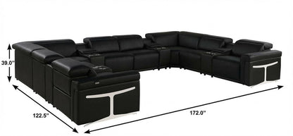 Black Italian Leather Power Reclining U Shaped Twelve Piece Sectional With Console HomeRoots
